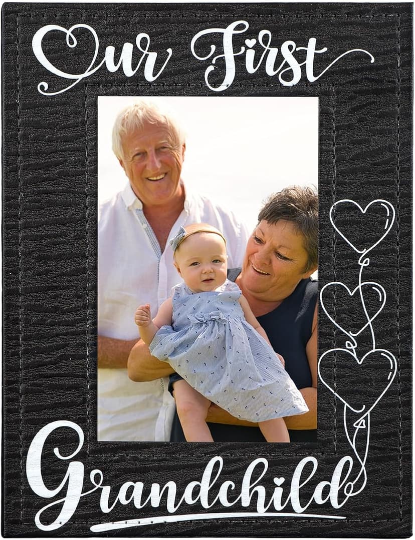 FLYAB First Time Grandparents Picture Frame - Our First Grandchild Leather Photoframe for New Grandparent Christmas Gifts for First Time Grandma Picture Frame Grandparents' Day Gifts