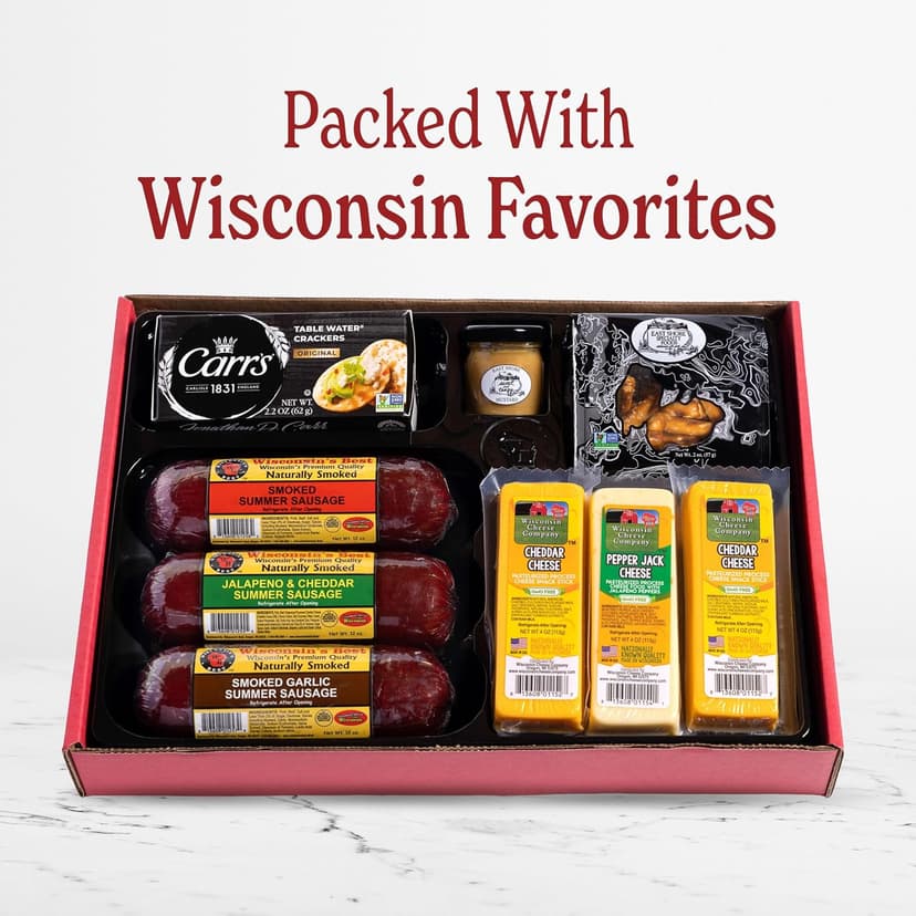 Wisconsin Cheese Company - Ultimate Cheese & Meat Holiday Gift Box - Smoked Summer Sausages, 100% Wisconsin Cheese, Crackers, Pretzels & Mustard | Perfect for Parties, Charcuterie Boards, and Holiday Gifts