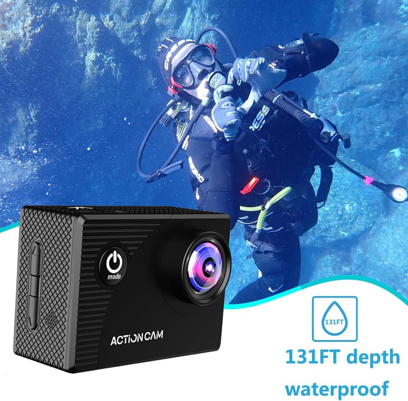 Xilecam Action Camera 1080P 30fps Sports Camera 40m/131ft Underwater Waterproof with 2 Batteries and Multi-Function Accessory