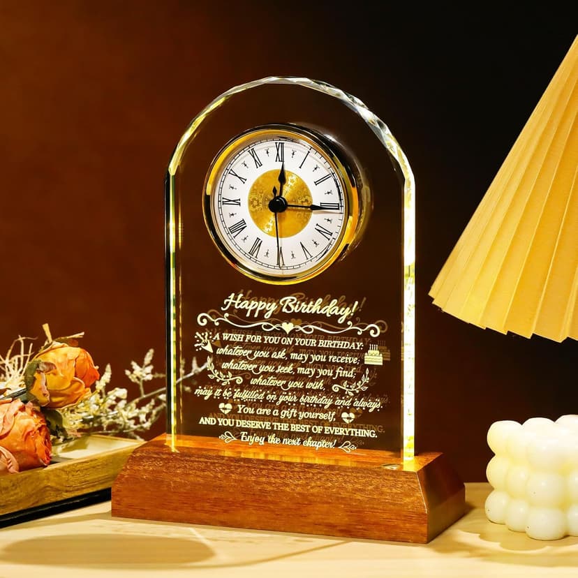 Unique Birthday Keepsake, Wooden LED Light Base, Presents for Daughter Son Mom Dad Granddaughter Friends, Home Office Decor Arikyrist Happy Birthday Gifts for Women Men Glass Quartz Clock for Him Her B0GJ4XSTVF