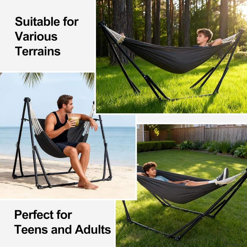 2-in-1 Hammock & Swing Chair for Teens – Adjustable Folding Chair with Collapsible Steel Stand, Portable for Camping, Travel, Patio & Indoor Use, Includes Carrying Case, Supports 440 LBS