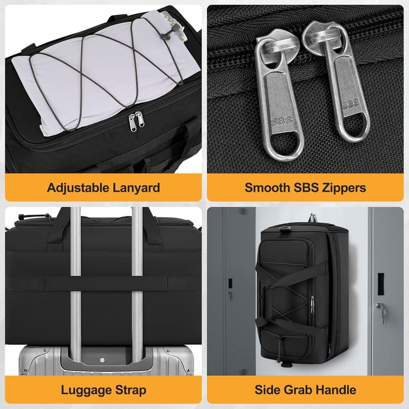 RAINSMORE Gym Bag for Men, 45L Large 3 in 1 Sports Duffle Bag with Shoes Compartment & Wet Pocket Water-Resistant Sports Travel Weekender Bag Multipurpose Carry On Overnight Tactical Backpack, Black