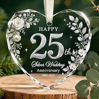 Glass 25th Anniversary Gifts for Couples Wife Husband Parents, 25 Year Anniversary Ornaments for Christmas Tree Decorations 25th Wedding Anniversary Ornament, Happy 25th Silver Anniversary Keepsake B0HFJ9P8KK