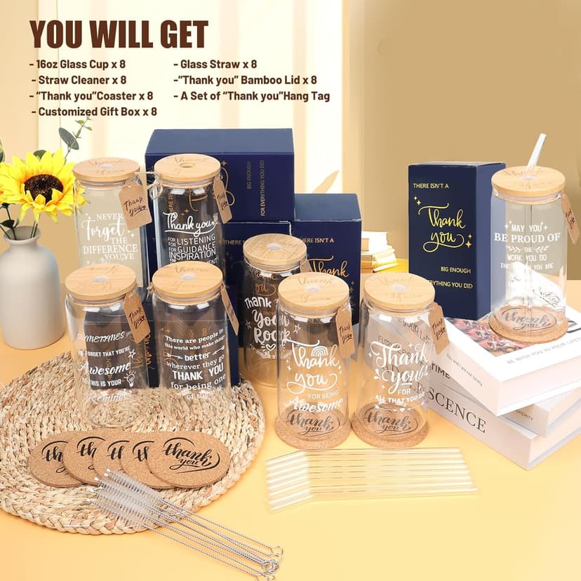 Beer glass cup, thank you gifts for staff coworker, gift box, hanging cards and coaster, birthday gift for team, men, women 8 Set Employee Appreciation Gifts Glass Cups, 16oz Can Coffee Cups B0DRN7HG9B