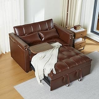 weselon Leather Convertible 3 in 1 Sleeper Sofa Bed, Small Upholstered Loveseat Pull Out Couch, Multi-Functional Sleeper Futon with Hidden Table and Adjustable Backrest for Living Room (Brown)