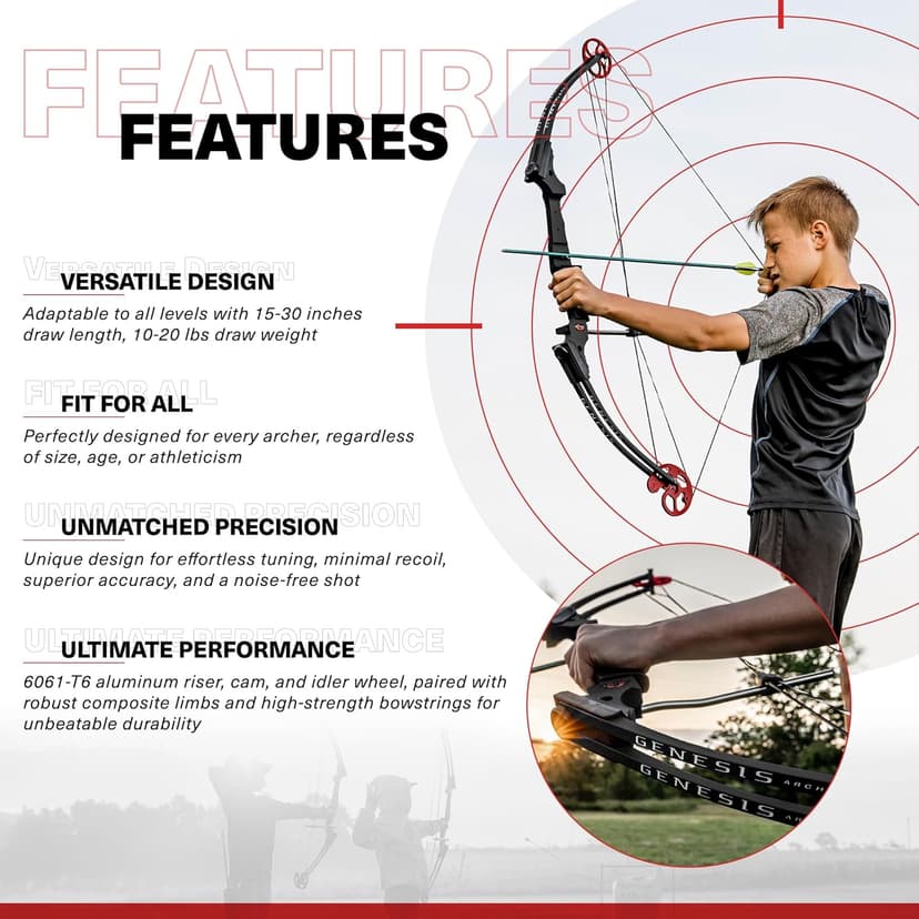 Genesis Archery Original Lightweight Compound Bow with Adjustable Aluminum Riser, 15"-30" Draw Length, 10-20 lb Draw Weight, for Kids and Adults, All Skill Levels