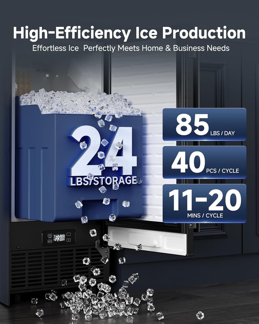 Commercial Under Counter Ice Maker with Drain Pump, Produces 85Lbs Daily Output, 24Lbs Storage Capacity, Self-Cleaning, 24H Timer, Built-in Freestanding Design, Ice Machine for Home, Bar, Cafe