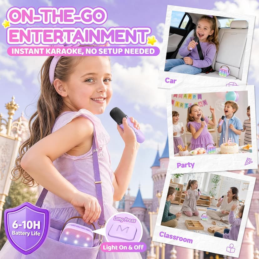 Mini Karaoke Machine with 2 Wireless Microphones, TOP Kids Gifts for Girls Ages 3, 4, 5, 6, 7, 8, 9, 10, 11, 12 +Years Old, 4-12th Christmas Birthday Toy Gift for Girls Boys Party (Purple)