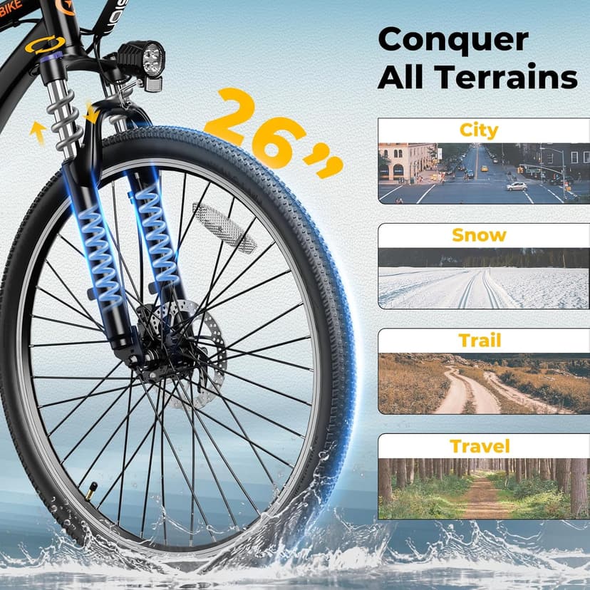 Jasion EB5 Electric Bike for Adults with Peak 1000W Brushless Motor, 40Miles 20MPH Commuting Electric Mountain Bike with 360Wh Removable Battery, 7-Speed, 26" Tires and Front Fork Suspension