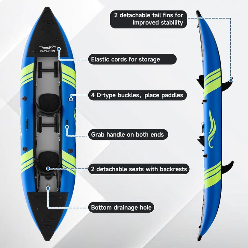 WETURE Inflatable Kayak 2 Person, Fishing Kayaks for Adults, 12.5FT 507 LBS Capacity, Portable Kayak with Luminous Strips, Adjustable Kayak Seat, 2 Paddles, 2 Tail Fins, Pump &Storage Bag