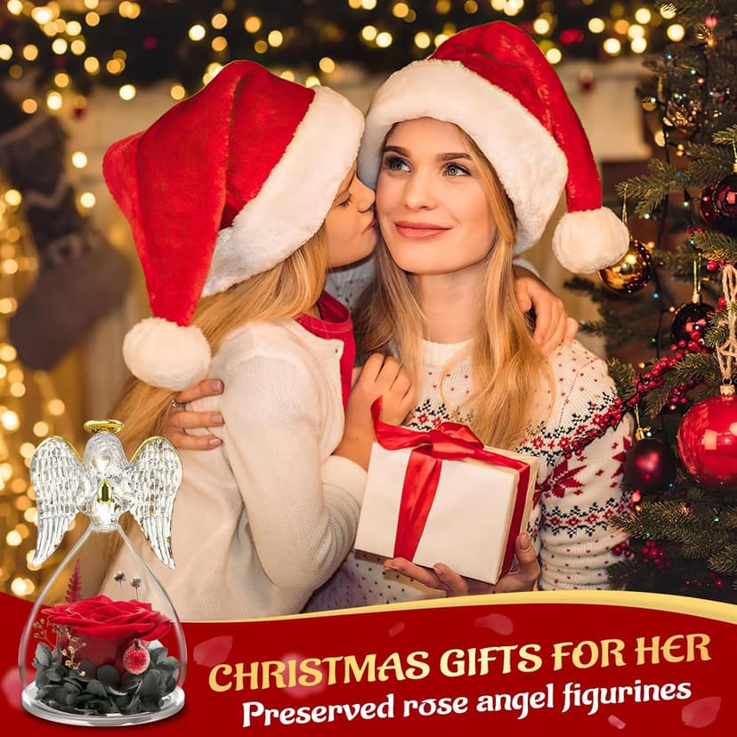 Miofula Preserved Flower Rose Birthday Gifts for Mom, Angel Figurines with Forever Real Rose Gifts for Her Mom Grandma, Unique Angels Gifts for Mothers Day Christmas Anniversary Birthday (Red)