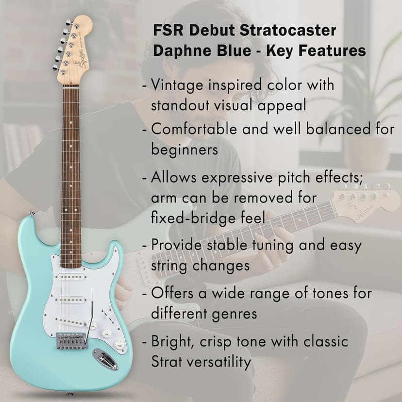 Fender Squier Stratocaster Electric Guitar - Daphne Blue Bundle with Amplifier, Gig Bag, Cable, Strap, Picks, and Austin Bazaar Instructional Video