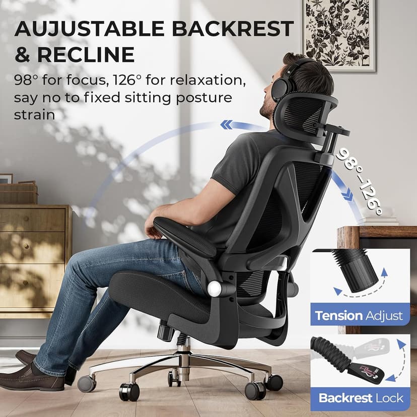 Ergonomic Office Chair with Headrest, Lumbar Support, Flip-Up Armrests, Thick Memory Foam Seat - 350lbs Capacity, Adjustable Height for Big & Tall, Perfect for Home Office Studios