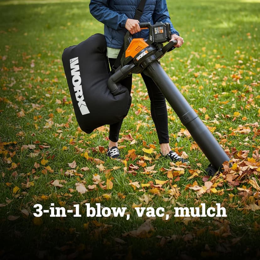 WORX WG583 40V Cordless Leaf Blower, 3 in 1 Blowers for Lawn Care with Vacuum & Mulcher, Electric Blower with Brushless Motor & 2 Speed Control, 2 Batteries & Charger Included