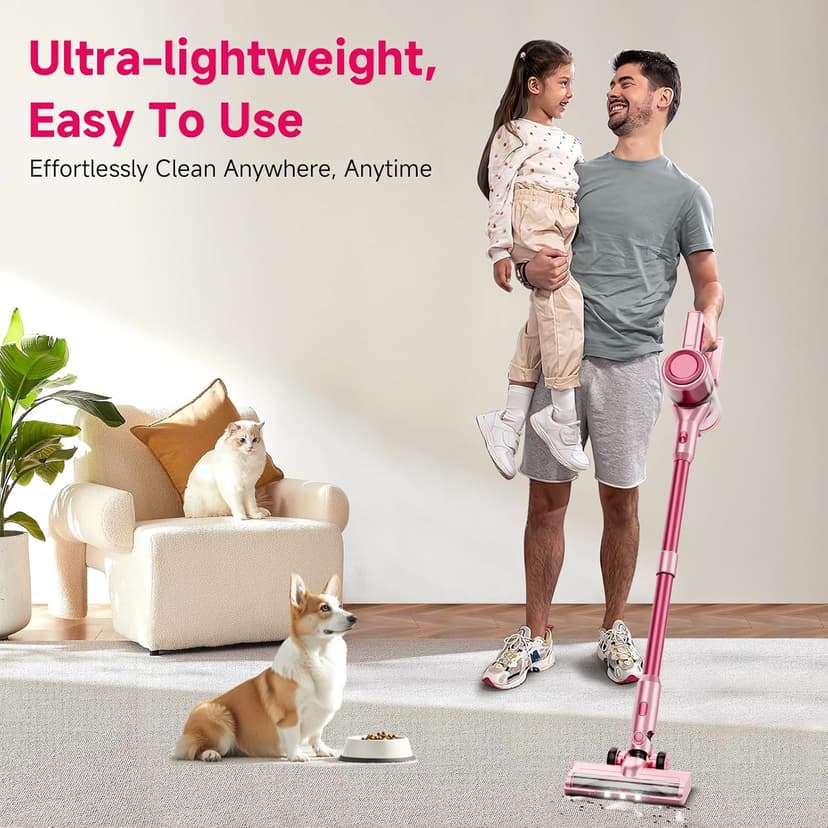 Cordless Vacuum Cleaner, 38Kpa Powerful Stick Vacuum Cleaner with 45mins Rechargeable Battery, LED Anti-Tangle Brush, 8-in-1 Handheld Vacuum Cleaners for Home/Pet Hair/Carpets/Floors, Pink