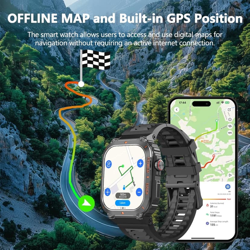 Military GPS Smart Watch for Men with Offline Map/Air Pressure/Altitude/Compass,smart Watch for Android Phones and iPhone,Waterproof Fitness Tracker with Blood Oxygen/Heart Rate/Sleep/100+ Sport Modes