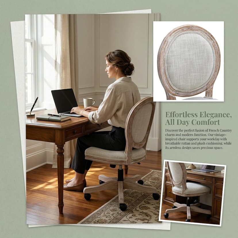 LukeAlon Vintage Linen 360° Swivel Chair, Beige Adjustable Height Task Chair, Armless Wood Frame, Round Back & Wheels for Home Office Study