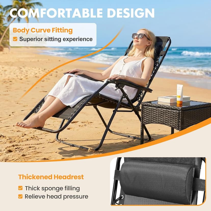 NEWBULIG Zero Gravity Chair Set of 2, Lounge Chair Folding Portable Adjustable Camping Reclining Chairs with Adjustable Pollow, Mesh Back, Cup Holder Trays Lawn Patio Chair for Pool Beach
