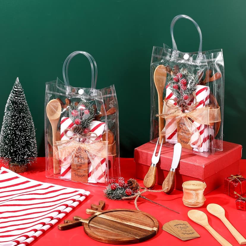 6 Set Christmas Kitchen Gifts Wood Cheese Board Fork Spoon Butter Spreaders Dish Cloth Thank You Card Ribbon and Gift Bags for Merry Christmas Cooking Serving Xmas Utensils Gifts (Reindeer)