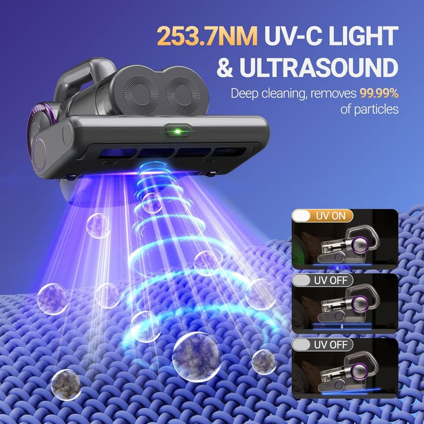 FEPPO Mattress Vacuum Cleaner, 16Kpa Bed Vacuum Cleaner with 253.7nm UV-C Light, 140°F Heat, HEPA Filter & Ultrasonic, Versatile Handheld Vacuums for Bed, Sofa, Couch, Crib(Corded, 500W)