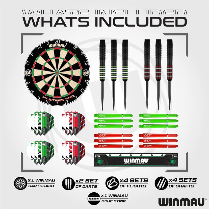 Winmau Darts - Masters Pro Premium Bristle Dartboard Set - Includes Dart Board, Darts, Flights, Shafts and Oche Strip - Professional Steel Tip Darts & Dart Board for Adults
