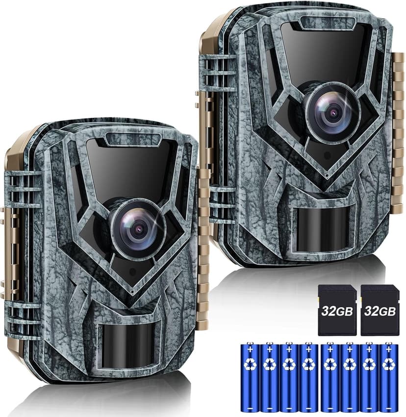 Trail Camera 2 Pack 36 MP 2.7K Game Camera 32GB Memory Card 4 Batteries Time 2.0" LCD Screen, Trail Cameras with 120°Wide Night Vision IP66 Waterproof for Monitoring Wildlife Trail Cam
