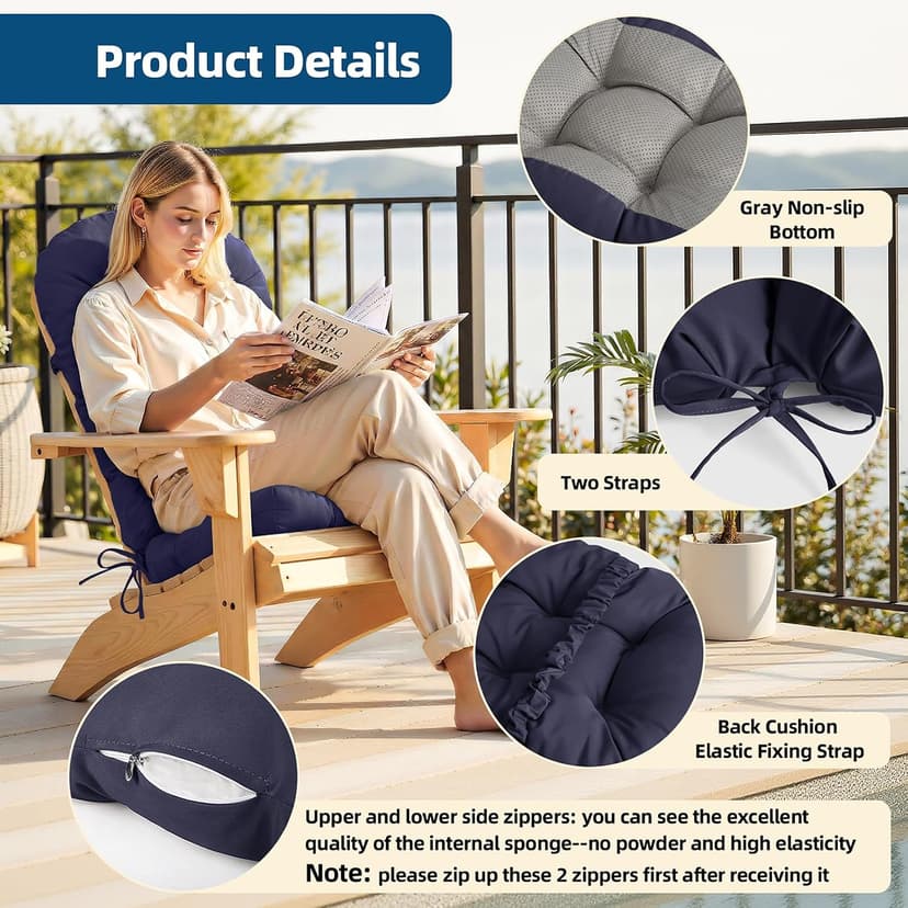 Adirondack Chair Cushion with Non-Slip & Waterproof, 44x19x4 Inch Thick High Back Rocking Chair Cushions Outdoor Indoor, One-Piece Patio Seat Cushion for Glider Porch Rocker Lawn Chair, Army blue