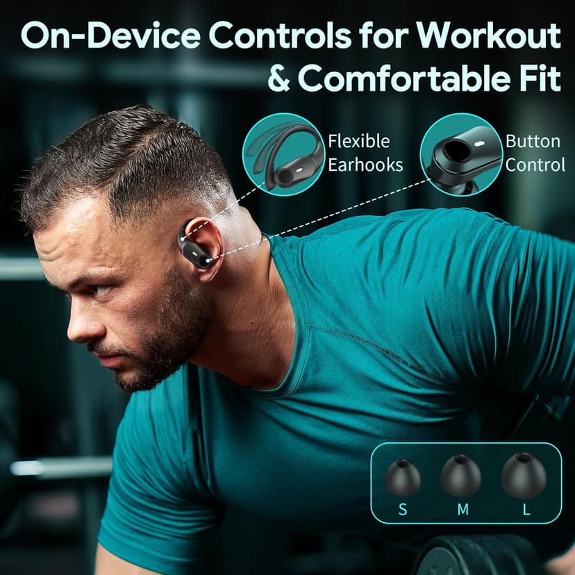 Hybrid Active Noise Cancelling Ear Buds Wireless Earbuds Bluetooth Headphones with 80H Playback Wireless Charging Case & Dual LED Display Over Ear Hooks Earphones for Sports Running Gym Workout Black