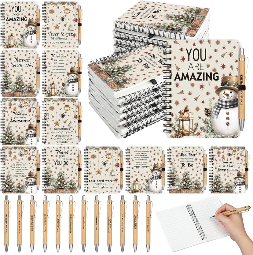 Gueevin 24 Pcs Christmas Employee Appreciation Gift Bulk Thank You Gift for Coworkers 12 Sets Xmas Inspirational Spiral Notebook and Bamboo Pens for Office Staff Team Volunteer Nurse Teacher(Snowman) B0H5BJXK8S
