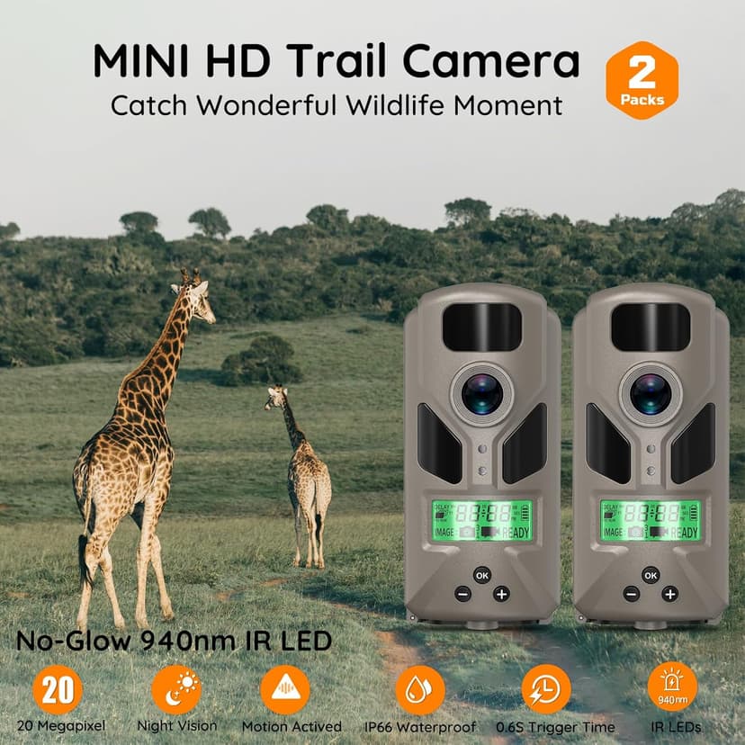 20MP Mini Trail Camera 1080P Hunting Trail Camera with No Glow 940nm Night Vision Motion Activated IP66 Waterproof,80ft Illumination Range Hunting Game Cam for Wildlife Monitoring- Grey-(2 Packs)
