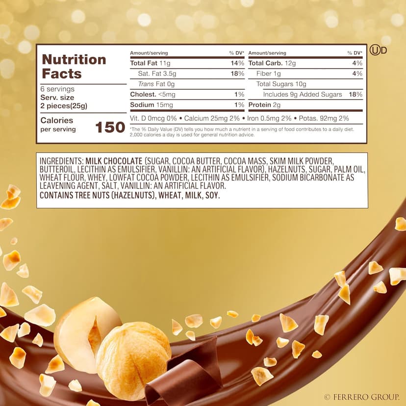 Individually wrapped hazelnut chocolate, gourmet chocolate candy for gifting a sweet treat or snacking Ferrero Rocher Chocolate, Hazelnut Milk Chocolates, 12 Ct, 5.3 oz B000WH2HCA