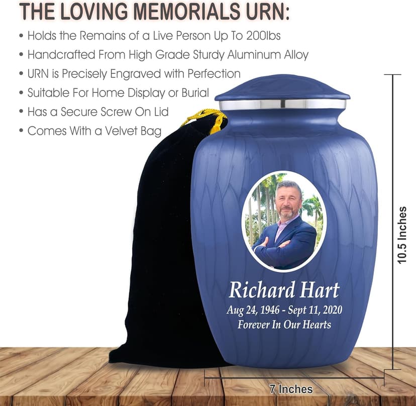 Personalized Photo Cremation Urns for Human Ashes Male Female - 200lbs Custom Photo Burial Urns for Human Ashes - Engraved Handcrafted Funeral Decorative Urns for Adult with Velvet Bag, Blue Enamel B0GLQXZC36