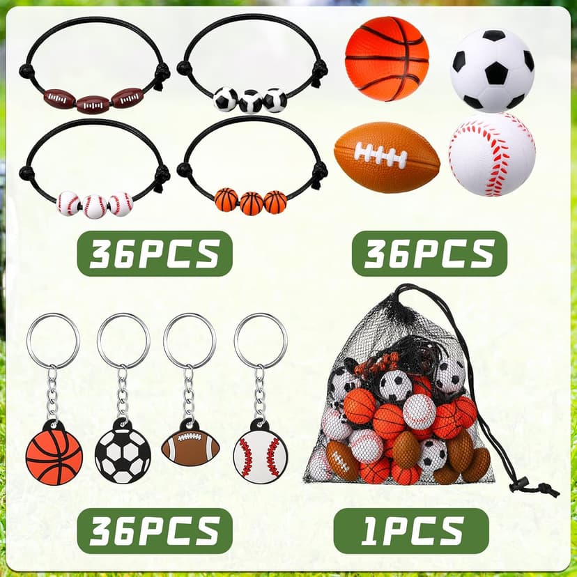Nosiny Sportball Party Favors - 108 Pcs Bulk Set Including 36 Keychains, 36 Stress Balls & 36 Charm Bracelets for Team Birthday Parties