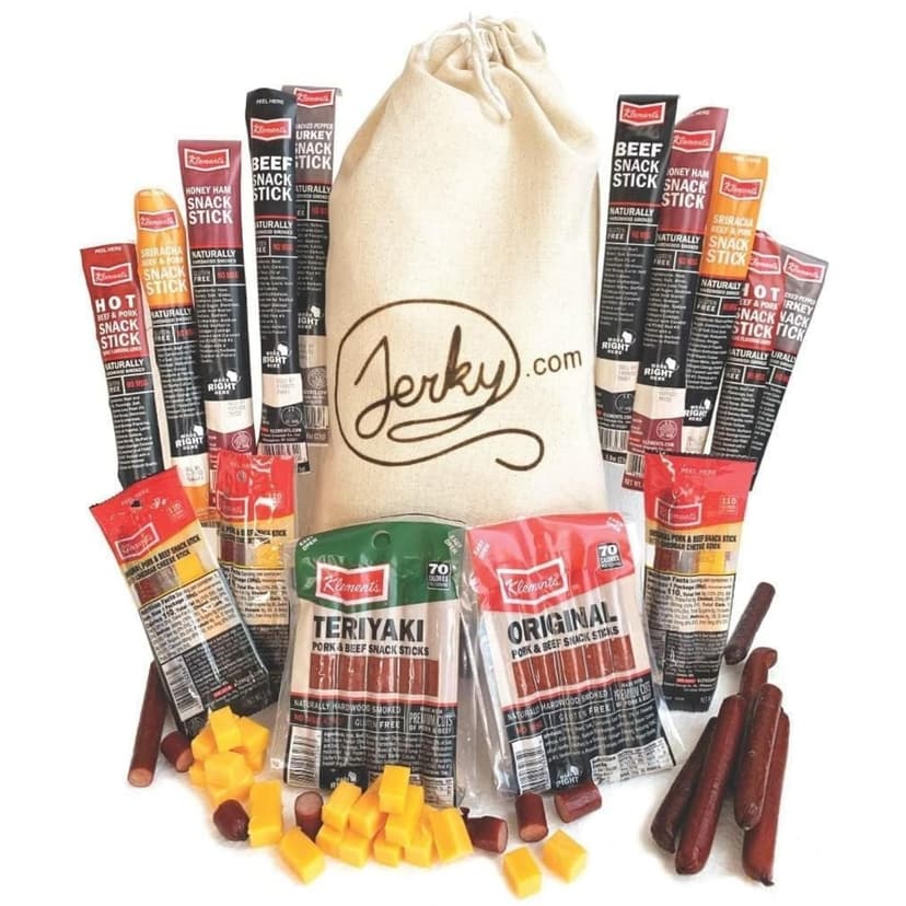 Jerky.com Gift Bag for Men | 26 Piece Meat Sticks Gift Basket with Beef Sticks, Pork, Turkey, Ham & Cheese Sticks | High Protein Snack Variety Pack | Gluten-Free Jerky Gifts for Men | Birthday Gift Basket for Him