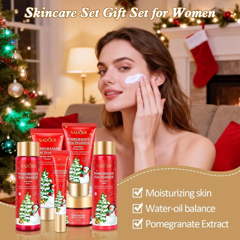 Christmas Gifts 6 Pcs Skin Care Set Pomegranate Moisturize Soothe Hydrate Gifts for Teenage Girls Stocking Stuffers Christmas Gifts for Women-Cleanser,Toner,Lotion,Face Cream,Eye Cream,Sleep Mask