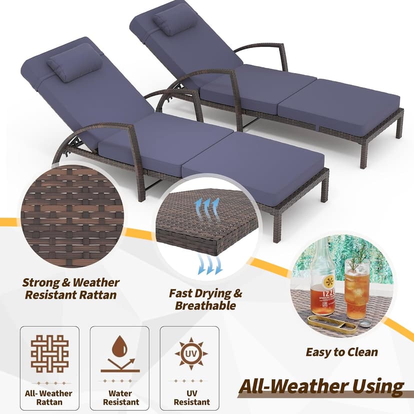 GarveeLife 2-Piece Rattan Patio Folding Chaise Lounge, 5-Position Adjustable Backrest Outdoor Lounge Chair with Cushion and Pillow for Poolside, Backyard, Deck, Porch, Blue