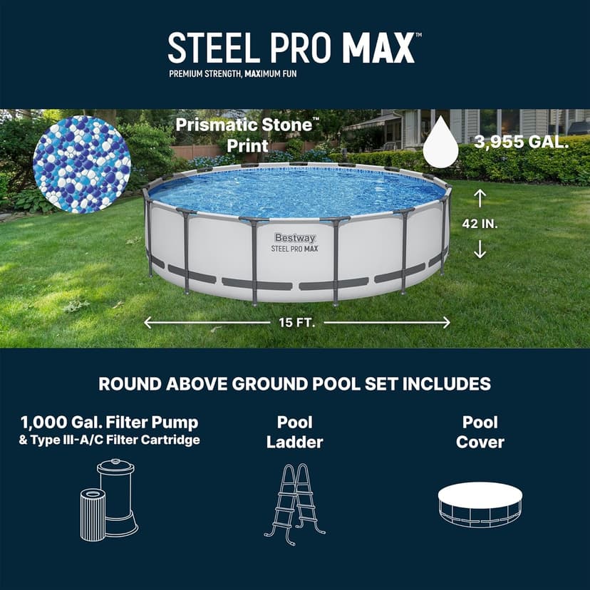 Bestway Steel Pro MAX 15' x 42" Above Ground Pool, Round Metal Frame Outdoor Swimming Pool Set with Filter Pump, Ladder, and Cover, Gray