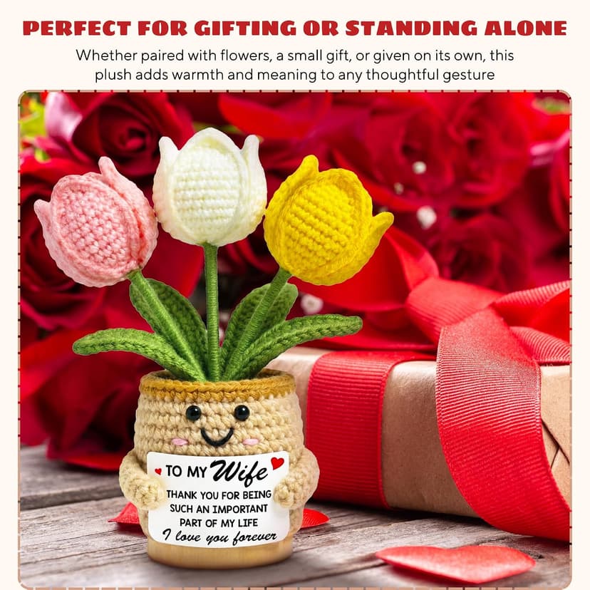 Christmas Mothers Day Birthday Gifts for Wife - 6.3'' x 2.56'' Positive Support Cotton Milk Wool Tulip Crochet Gifts for Wife from Husband - Wedding Anniversary Christmas Birthday Gifts B0FZTMTRK1