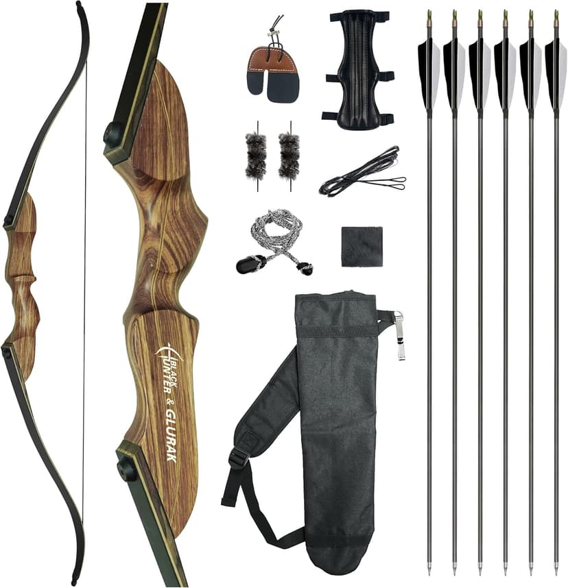 Black Hunter Recurve Bow and Arrow Set, GLURAK 60'' Wooden Takedown Recurve Bows Package, Archery Bow Kit for Target Practice and Hunting, Right Hand, 25-50 Lbs