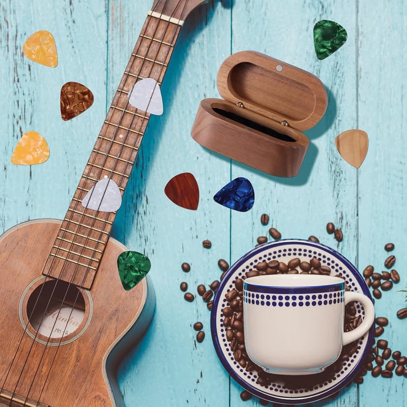 Walnut Guitar Plectrum Holder Set with 2 Color Wood Plectrums and 8 Celluloid Plectrums (4 Thicknesses),Mini Jewelry Box,Brown Wooden Trinkets,Box Size 3.35 * 1.77 * 1.57 inch (Wood color)