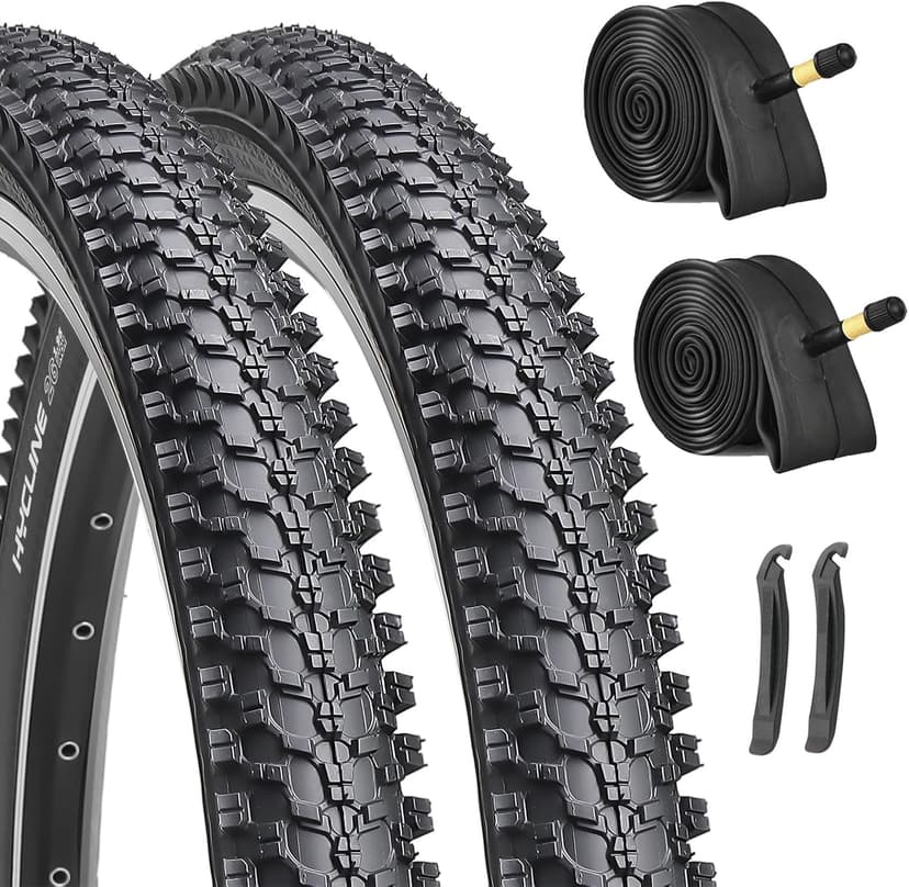 Hycline 2-Pack Mountain Bike Tires Set: 20/24/26/27.5-inch Folding Replacement High-Performance Wear-Resistant Bicycle Tires and Pair Inner Tubes with Tire Levers for MTB Off-Road Bike