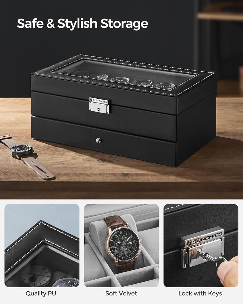 SONGMICS SONGMICS Watch Box, 12-Slot Watch Case Organizer with Large Glass Lid, 2 Layers, Removable Pillows, Metal Lock, Gift for Loved Ones, Black Synthetic Leather, Gray Lining UJWB012