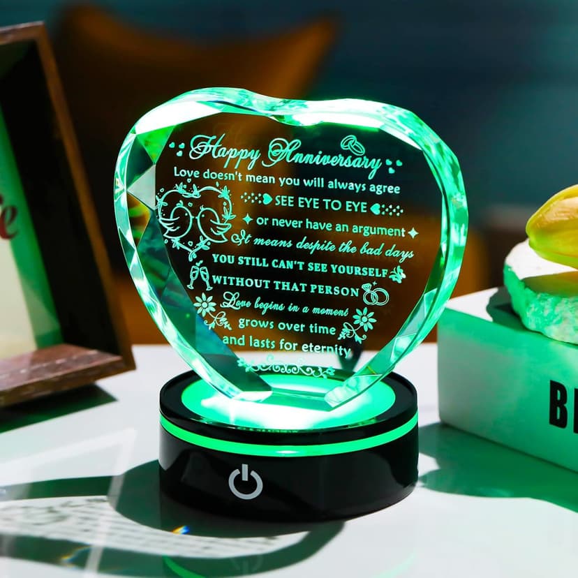 YWHL Wedding Anniversary Crystal Heart Gifts for Couple Parents, Happy Anniversary Marriage Gifts for Wife Husband Him Her Men Women with LED Base Romantic Presents for Girlfriend Boyfriend