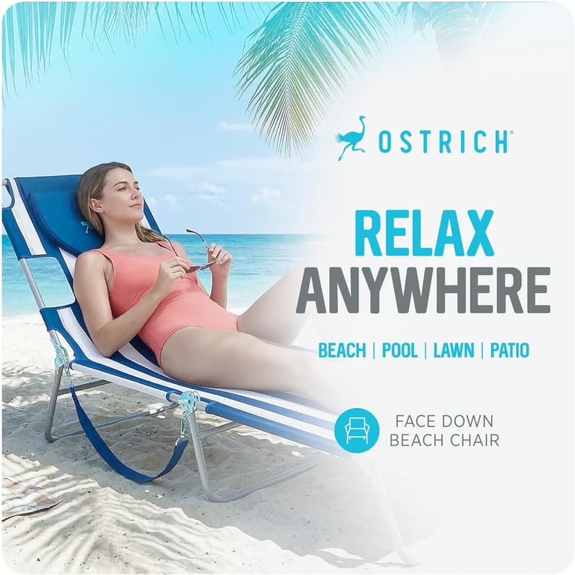 Ostrich The Original Chaise Lounge Portable Reclining Beach Chair, Blue Stripe - Bundled with Custom Fitted Towel Cover, White