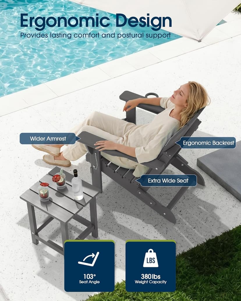 MUCHENGHY Folding Adirondack Chairs, Patio Chairs, Lawn Chairs, Outdoor Chair, Adirondack Chair Plastic, Fire Pit, Weather Resistant with Cup Holder for Deck, Backyard, Garden(Gray)