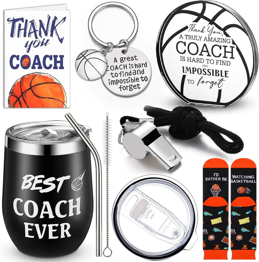 Nitial 6 Pcs Basketball Coach Gifts Teacher Appreciation Gift Set for Basketball Instructor Include Best Coach Ever Tumble Whistle with Lanyard Acrylic Sign Socks Keychain Card
