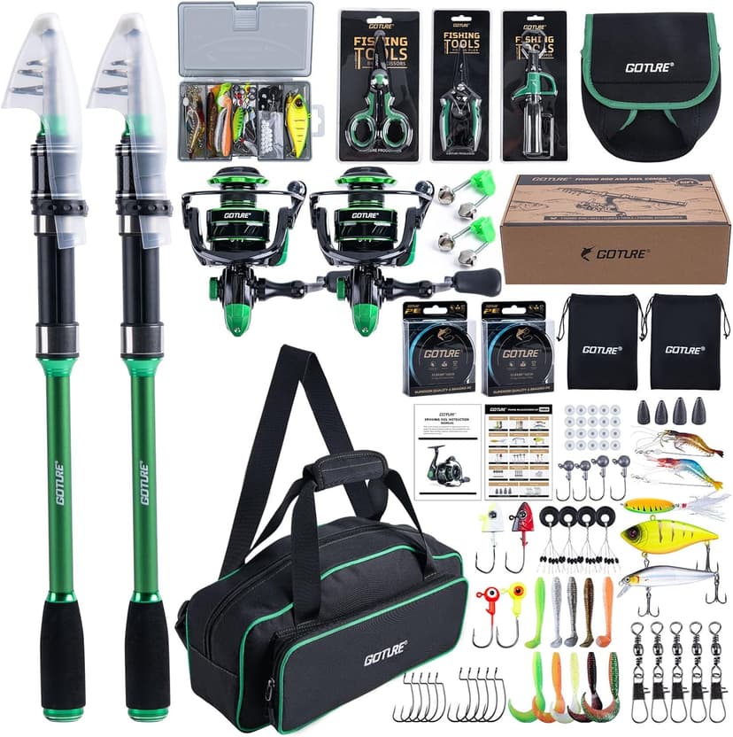 Goture Fishing Rod and Reel Combos-2PCS Telescopic Fishing Pole+2PCS Pre-Loaded Spinning Reels with Carrier Bag,1.8M-2.7M Telescopic Rod Reel Kit for Starter Travel Saltwater Freshwater,Gifts for Men