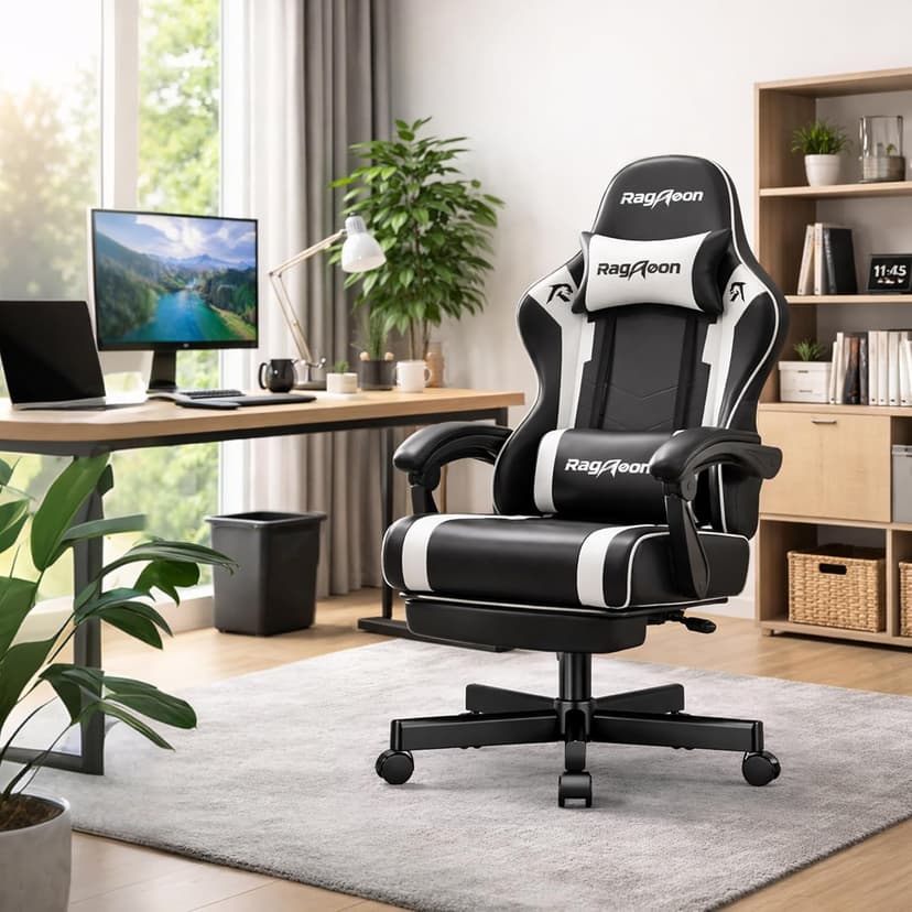 Gaming Chair for Adults Gamer Game - Ergonomic Gaming Chair with Footstool, Headrest, and Lumbar Support Height Adjustable Leather Game Chair’s 200 KG Load Bearing Capacity White