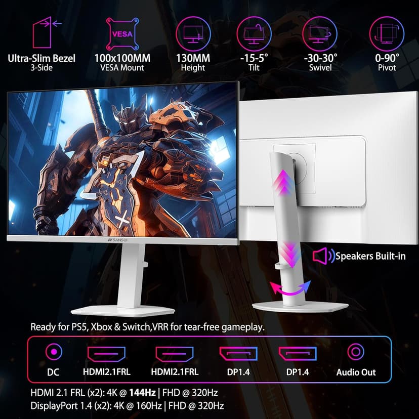SANSUI 27" 4K Gaming Monitor, UHD 160Hz or FHD 320Hz Dual Mode PC Monitor- Fast IPS 1ms(OD) 丨2×HDMI2.1丨2×DP 1.4丨Built-in Speakers丨Eye Care丨AI Crosshair丨PIP/PBP丨HDR400丨Rotating/Height Adjustable