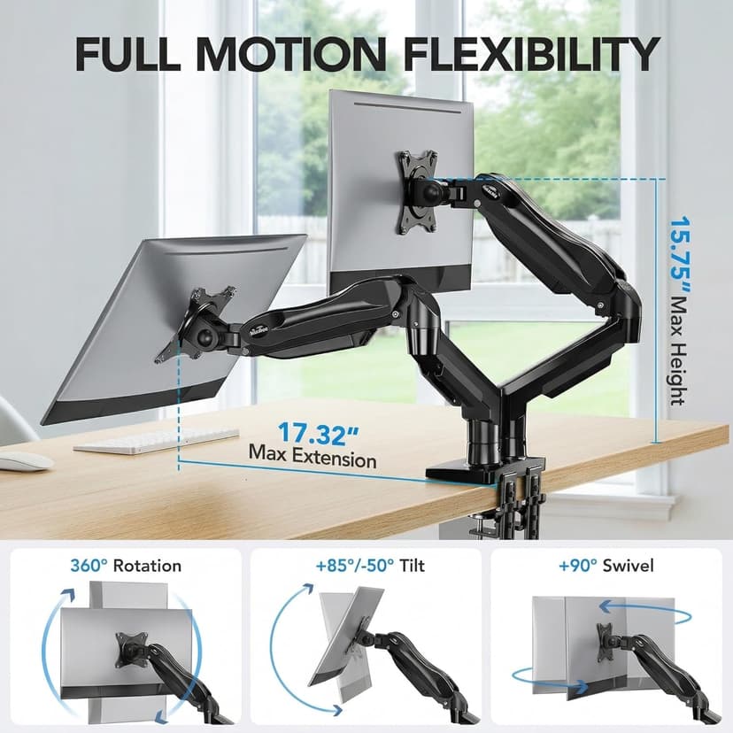 HUANUO FlowLift™ Dual Monitor Stand, Fully Adjustable Gaming Monitor Desk Mount for 13–32″ Computer Screens, Full Motion VESA 75x75/100x100 with C-Clamp & Grommet Base, Each Arm Holds 4.4 to 19.8 lbs